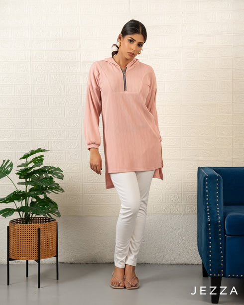 Ribbed Half-Zip Hoodie Top 72461